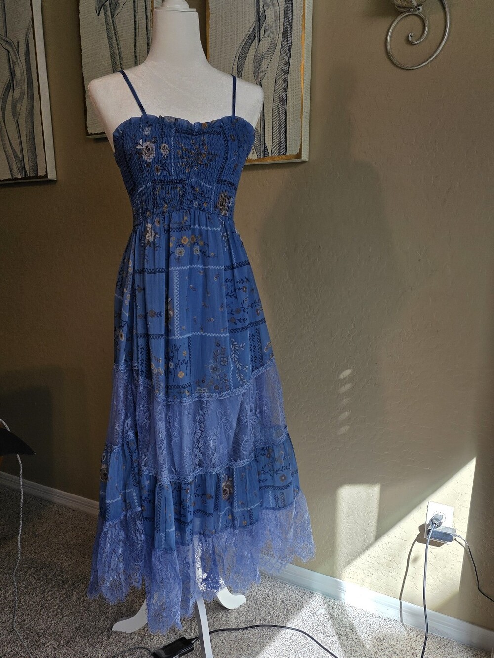 NWT Altar’d State Blue Floral Patchwork Lace Maxi Dress XS Boho Cottagecore